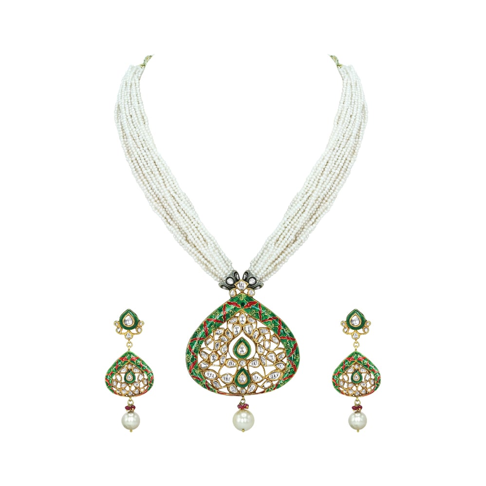 Polki Necklace Set with Green Enamel, Pearl Strands, and Drops
